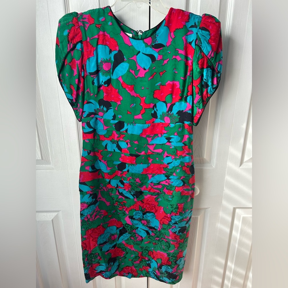 Vintage Flora Kung, green, blue, pink, red floral silk pleated dress - size 6